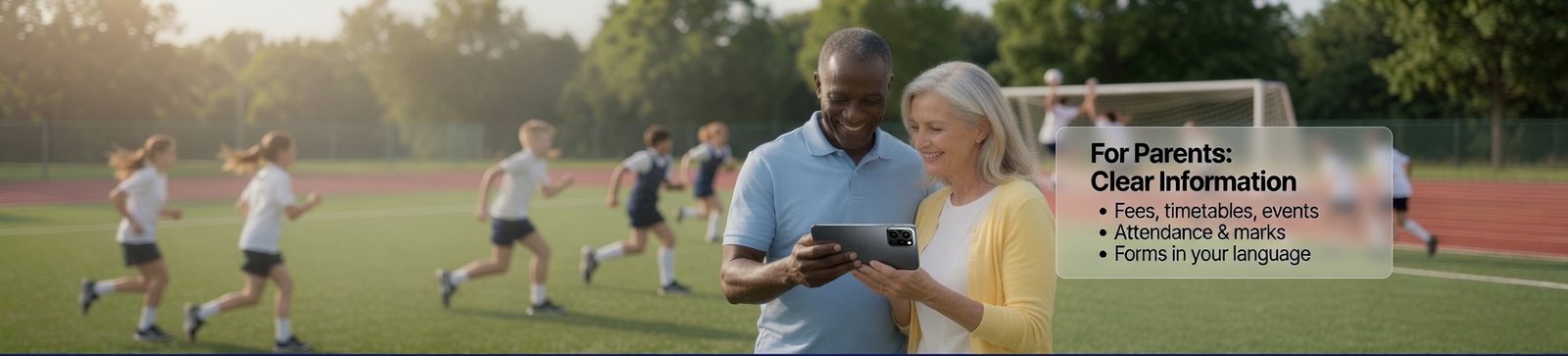 Two parents smiling at a phone on the touchline while children play sport behind them