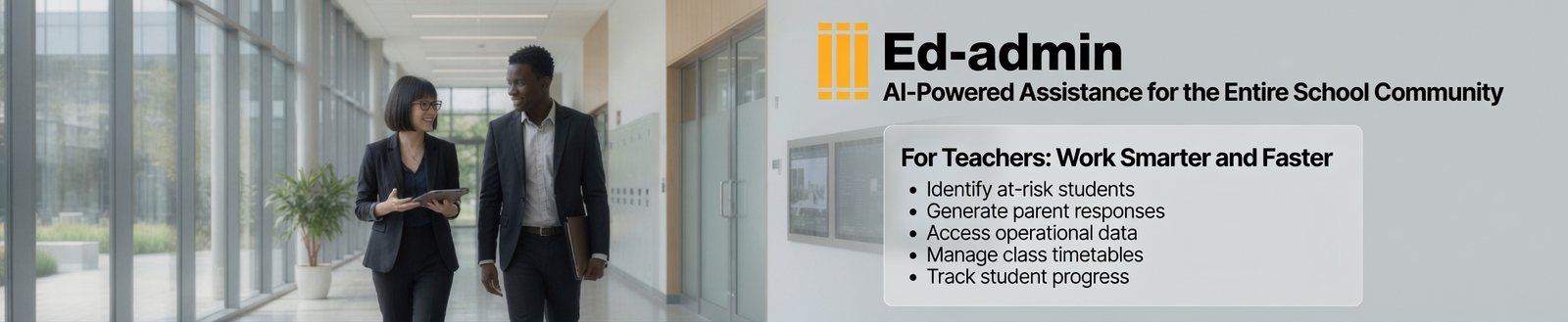 A teacher and an administrator walking through a bright school corridor reviewing insights on a tablet