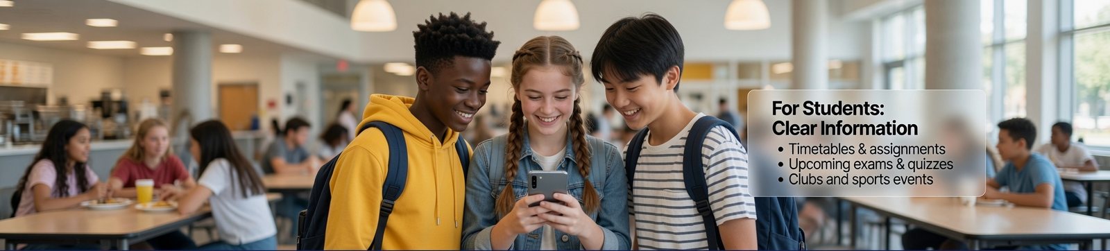Three students looking at a phone together in a school dining hall