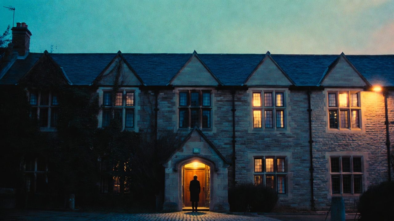 A boarding house at dusk with warm light in the windows