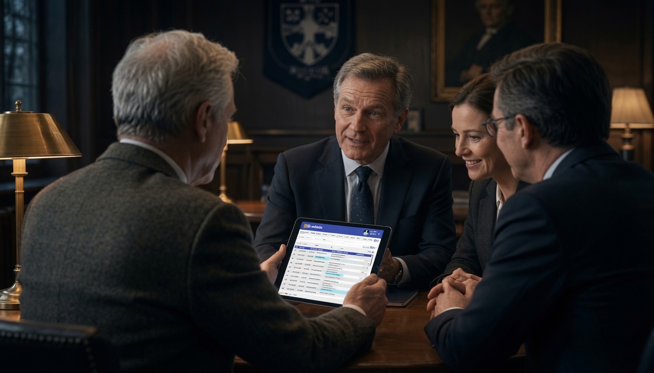 School leadership reviewing a live dashboard on screen in a panelled boardroom