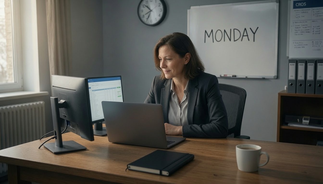 A finance director at a tidy desk in morning light, one laptop showing a single dashboard, calm and composed