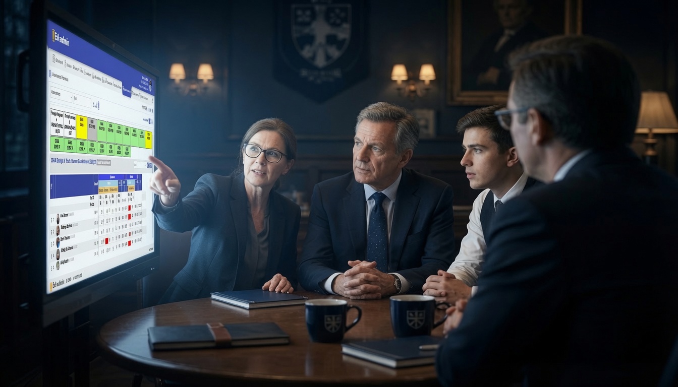 School leadership reviewing a live Ed-admin dashboard on a large screen in a panelled room
