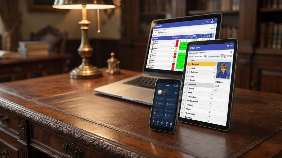 Ed-admin running on a laptop, tablet and phone on a heritage leather-topped desk with a brass lamp and bookshelves