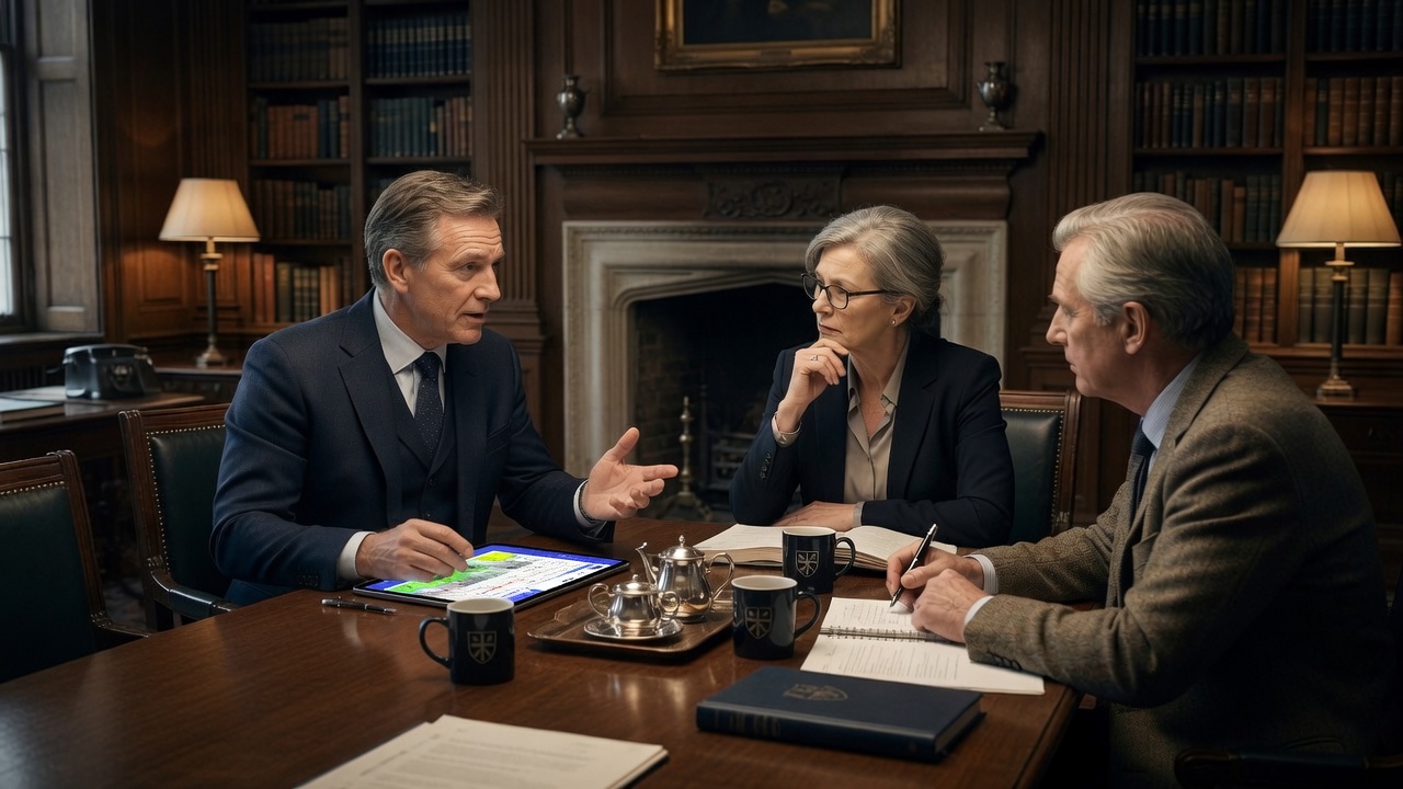 School leaders deliberating around a boardroom table by a fireplace