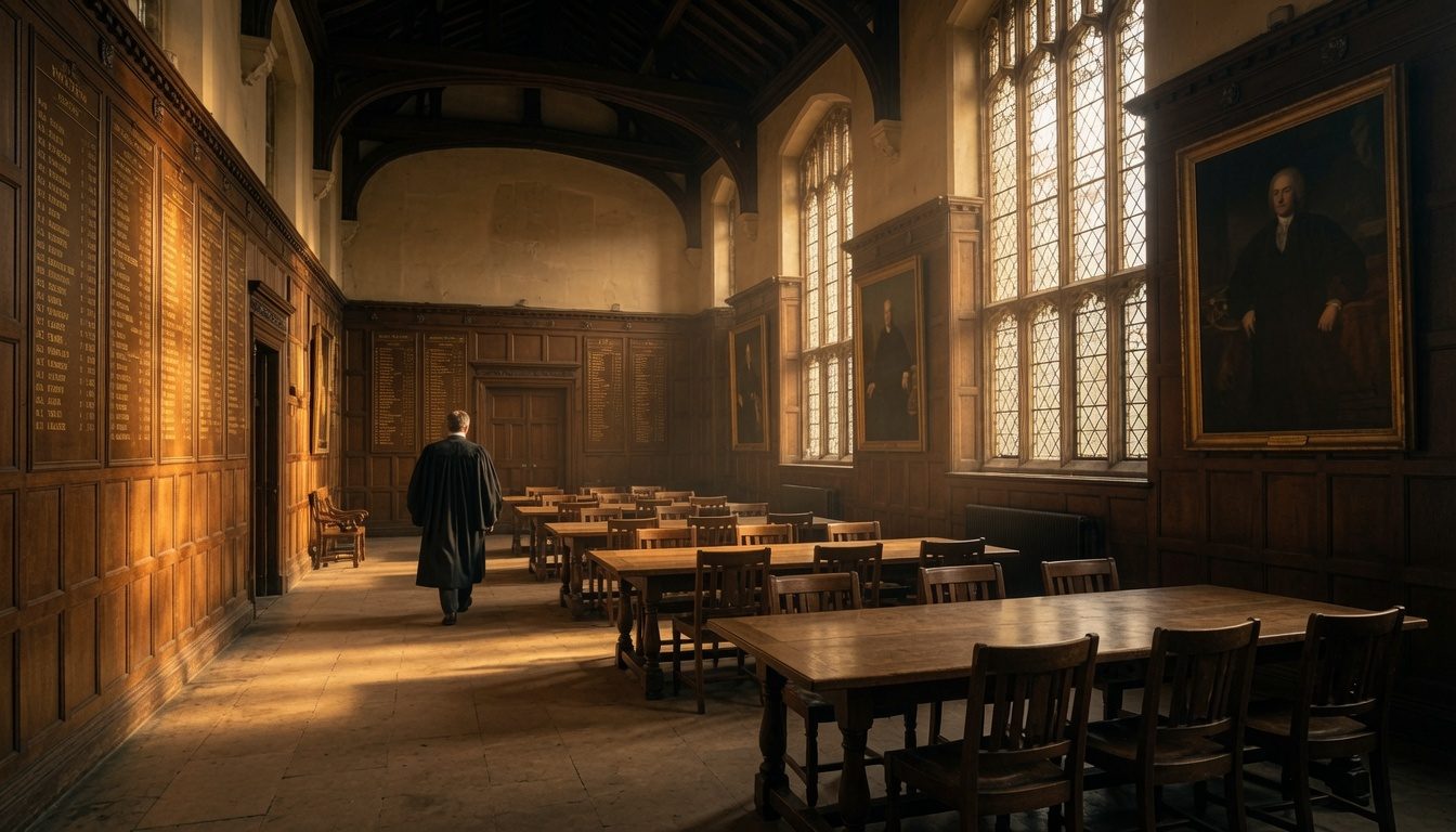 A magnificent school great hall at golden hour, honour boards and oil portraits lining panelled walls, long oak tables