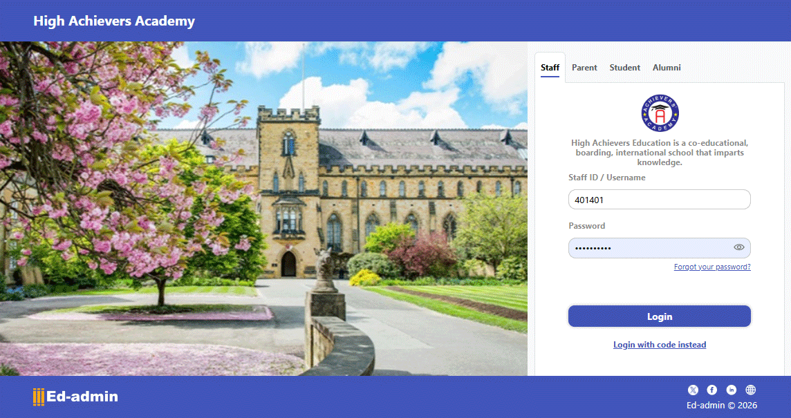 Real Ed-admin screen: School login — one app, four portals