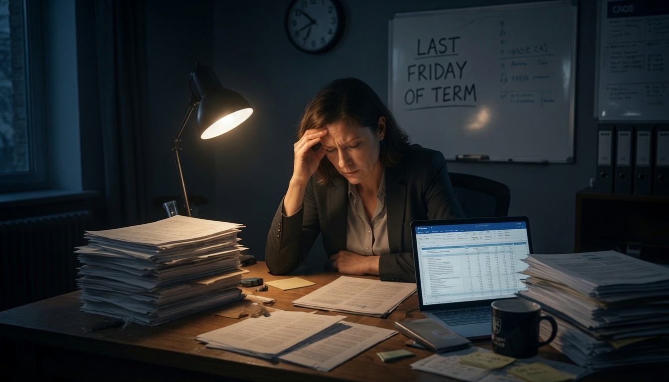 A finance lead working late at a desk buried in printouts and sticky notes, three disconnected systems open across two screens, a whiteboard reading ‘Last Friday of Term’