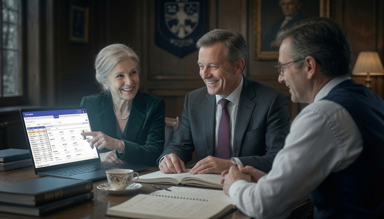 School leaders reviewing the Ed-admin dashboard together in a wood-panelled office beneath a school crest