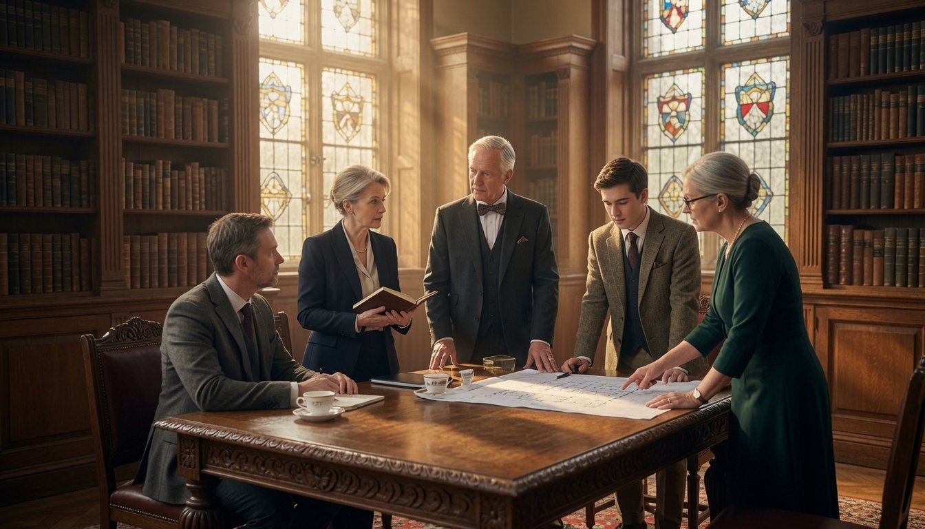 A grand school library with stained-glass windows and school leaders gathered around a table of documents