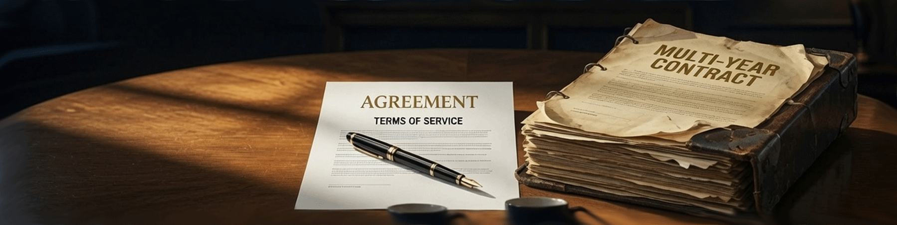A single-page annual agreement with a fountain pen beside a thick, worn multi-year contract bound in a heavy folder