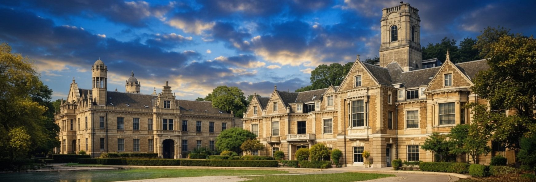 A grand heritage independent school with stone towers and gables under a dramatic evening sky