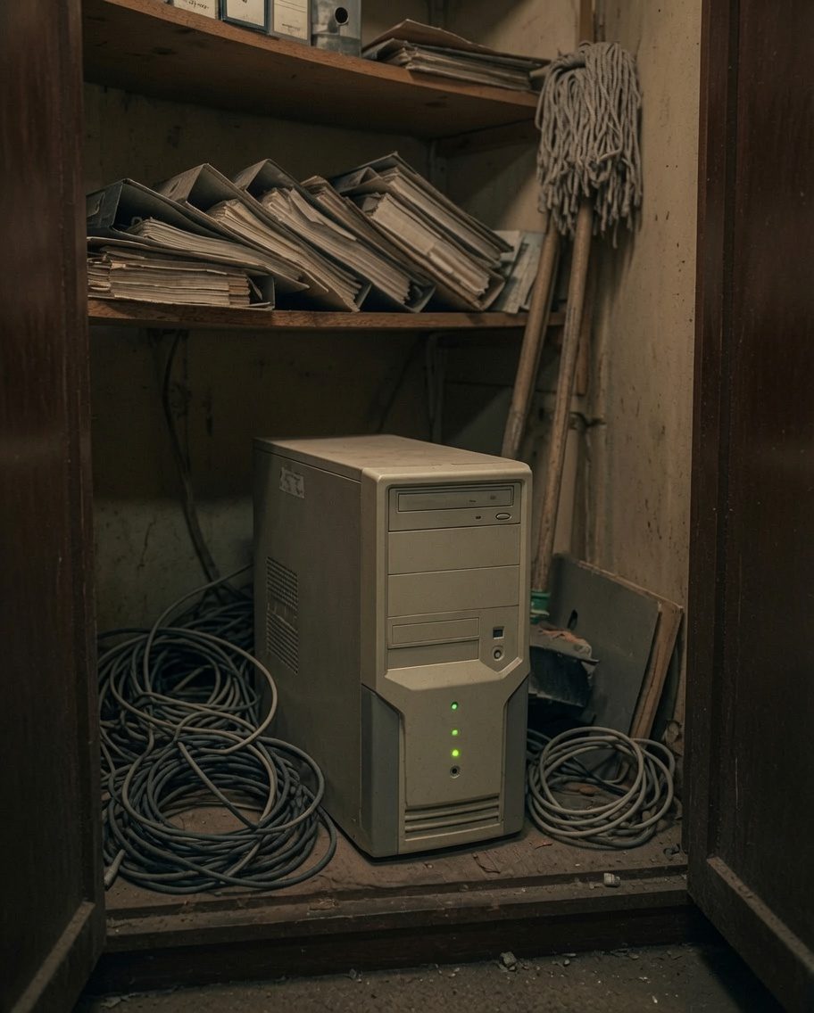 An ageing tower server and tangled cables in a cramped store cupboard beside boxes of files and a mop
